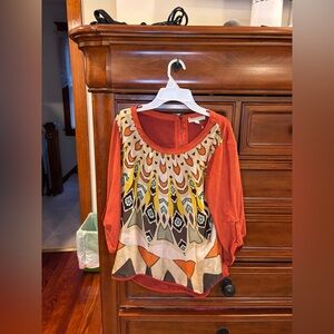 Alberto Makali Boho Print Blouse | Size M | Rust Orange Long Sleeve Top